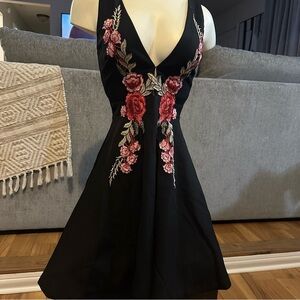 Lulu's Black Dress with Red and Pink Floral Embroidery